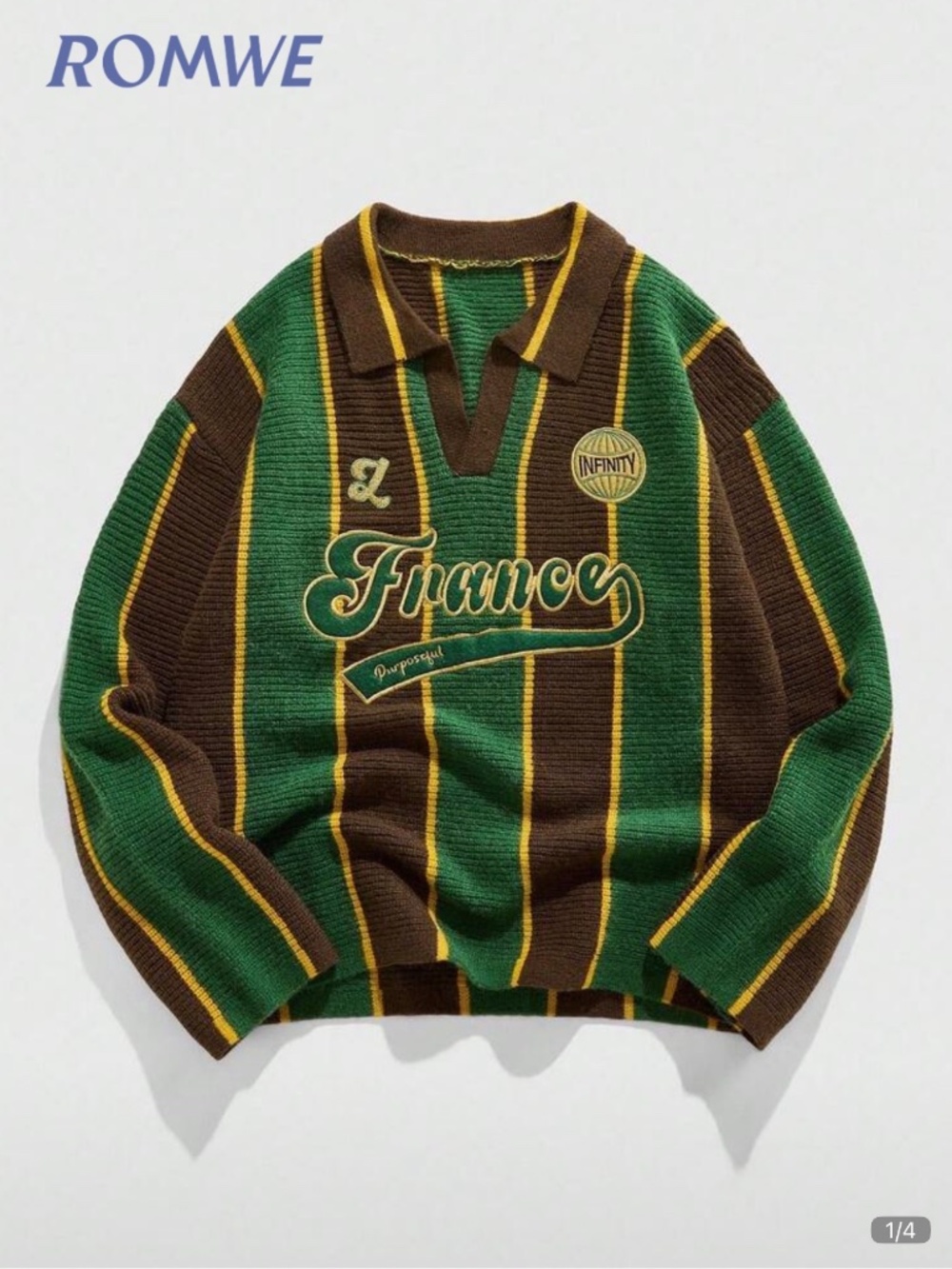 ROMWE MEN Prep Spring Casual Graphic Men'S Retro Collared Football Inspired Knit